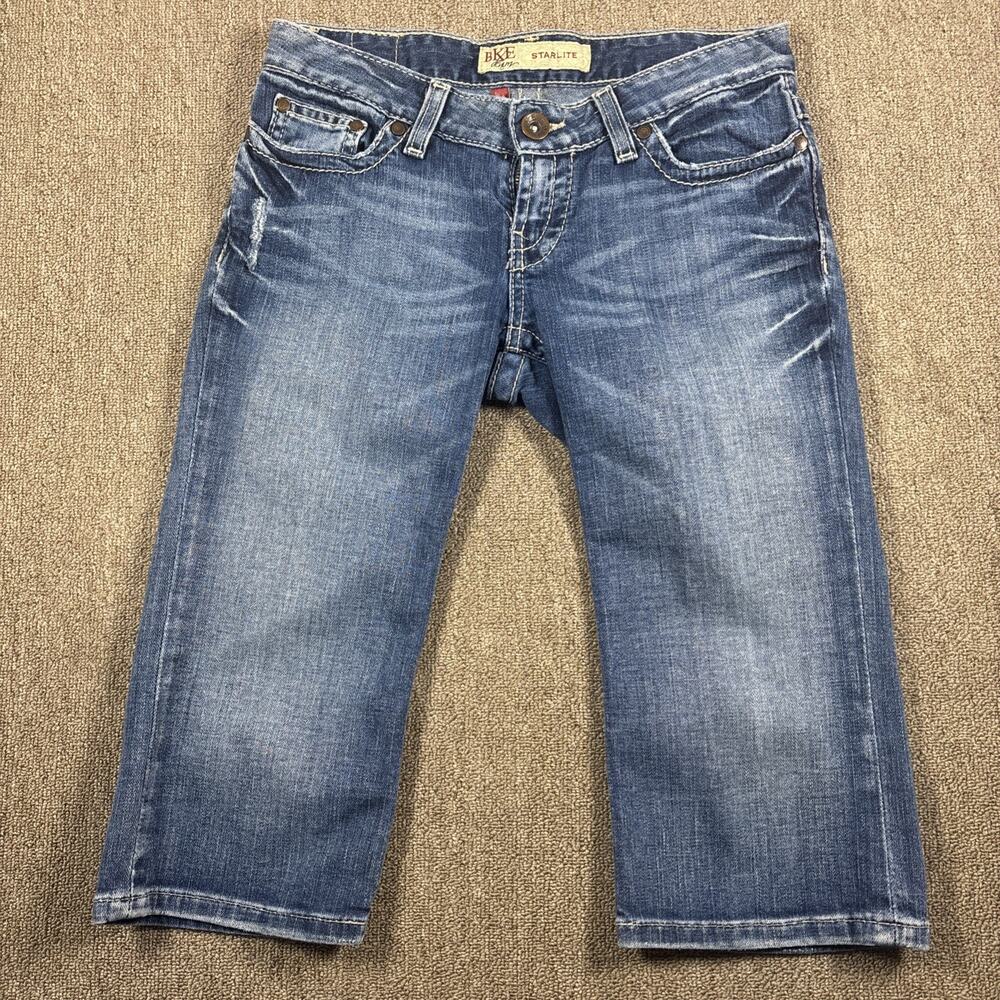 BKE Jeans Men’s Jorts Long Jean Shorts Size 26x16 Low Rise Blue Stretch Skinny